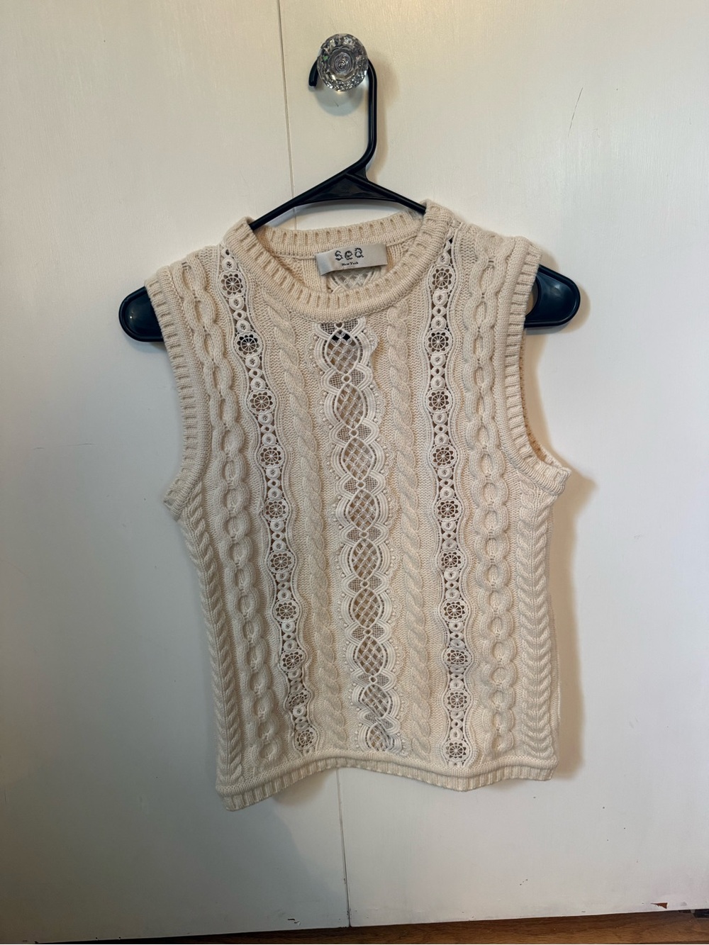 Sea New York Cream Cable Knit Lace-Panel Tank